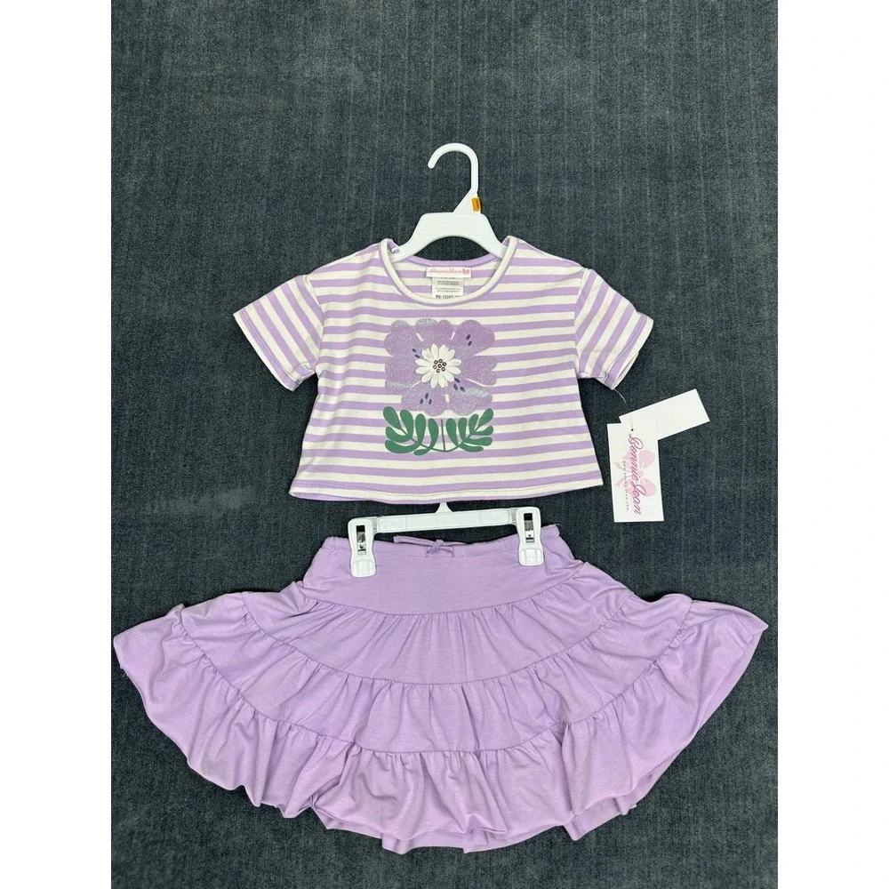 Bonnie Jean Girls Lavender Striped Floral‎ T-Shirt and Tiered Skort Set 3T NEW